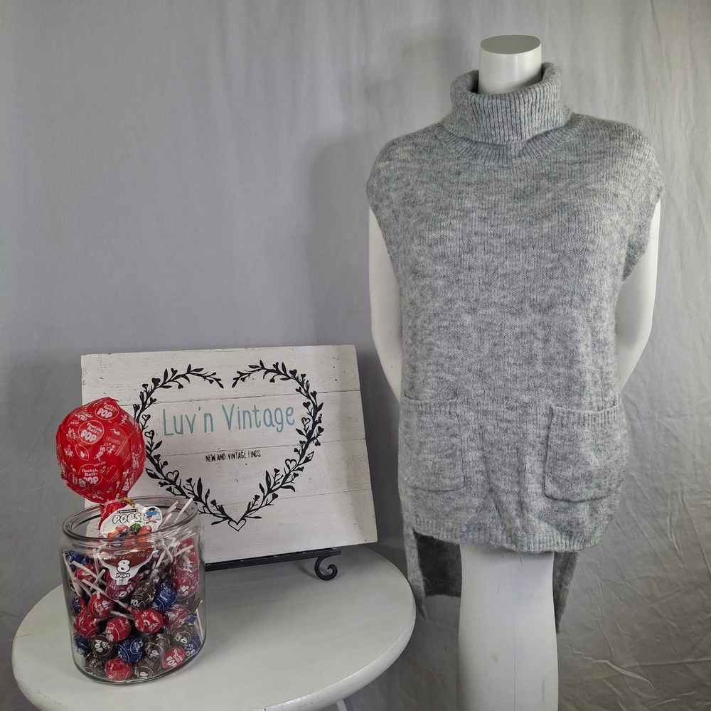 Escio Heather Gray Turtleneck Knit Tunic Vest Sleeveless Sweater with Pockets
